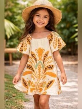 Zara Cream Dress with Yellow & Brown Floral Print - Kids Casual